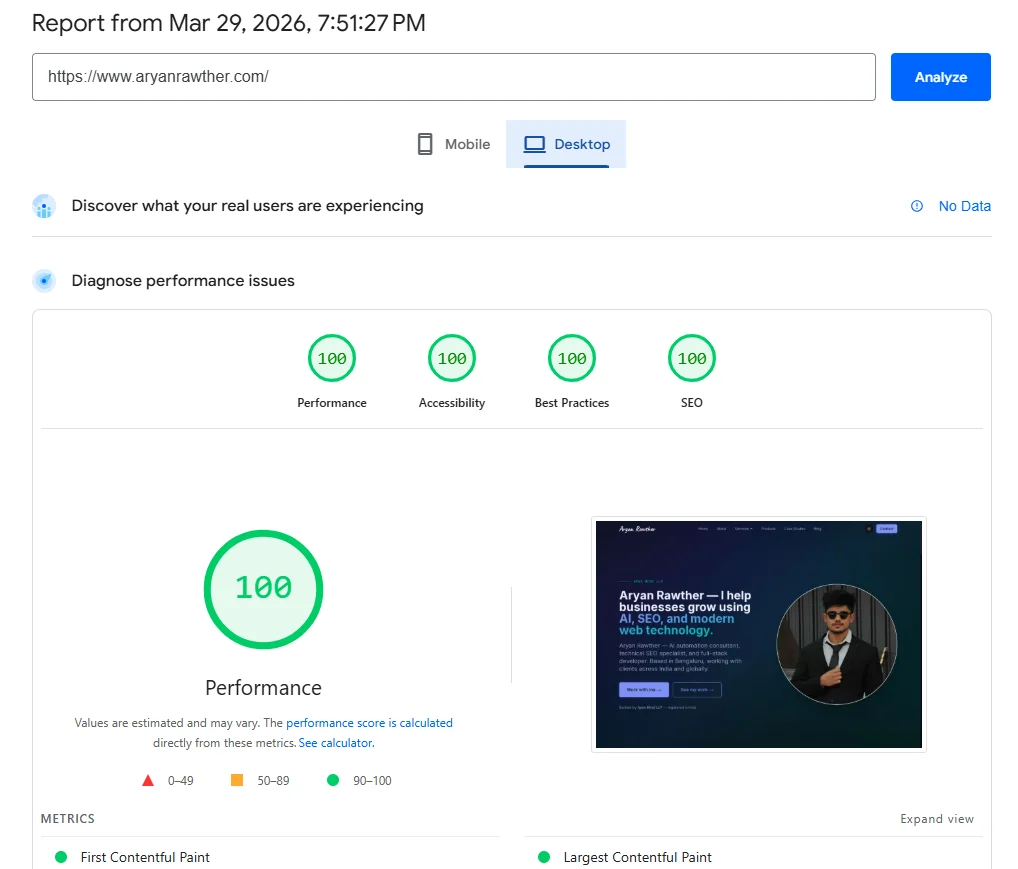 Google PageSpeed Insights showing a perfect 100 performance score on desktop for aryanrawther.com