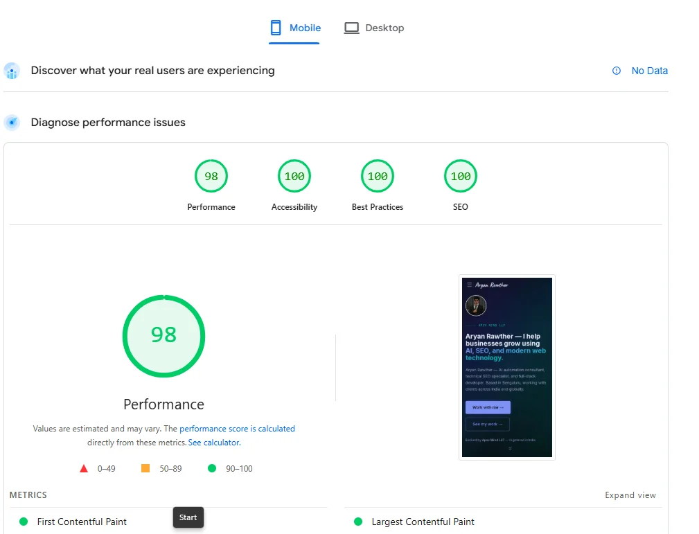Google PageSpeed Insights showing a 98 performance score on mobile for aryanrawther.com