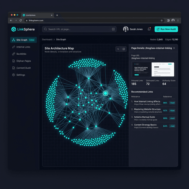 Dark-themed SEO dashboard showing internal linking node graph and link recommendations panel