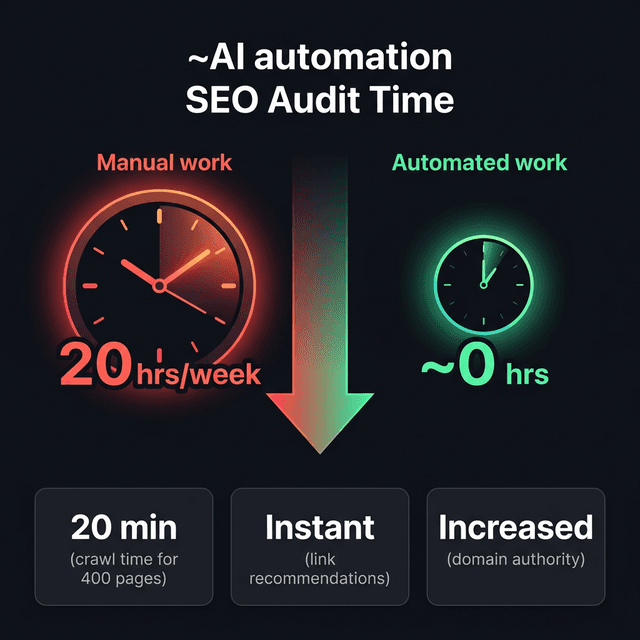 Before and after comparison showing 20 hours per week of manual audit time reduced to near zero with AI automation