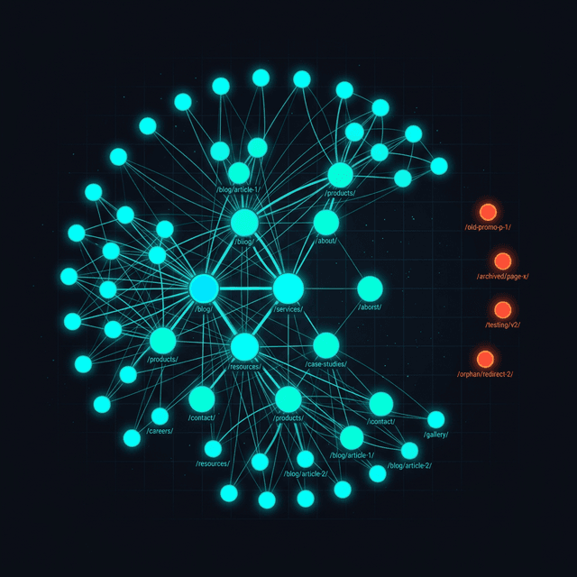 Force-directed node graph showing website architecture with healthy pages in cyan and orphan pages highlighted in orange